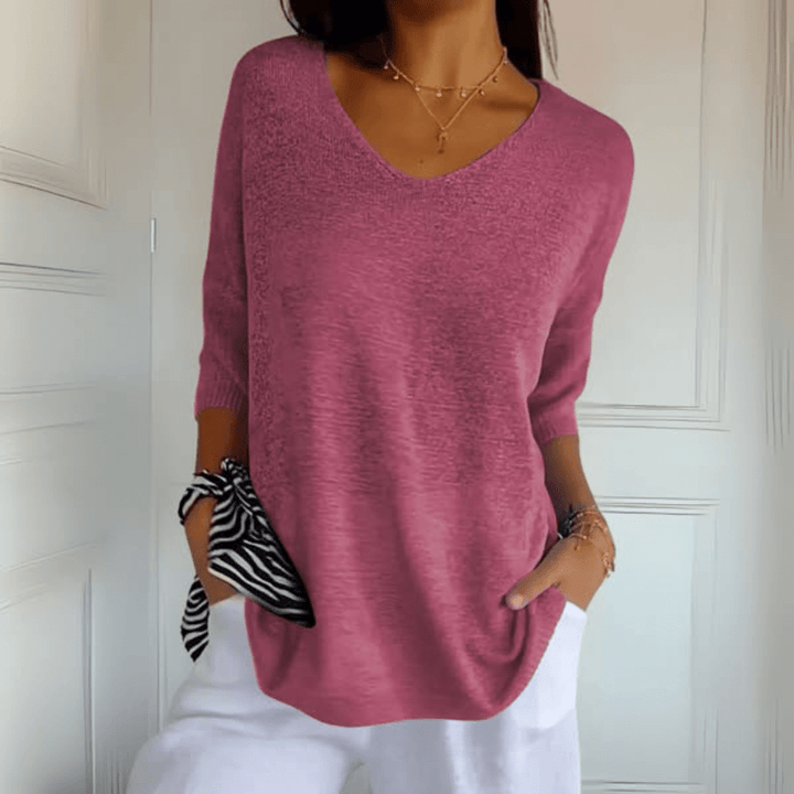 Blusa feminina de primavera-verão, decote V. Top casual e elegante, versátil para diferentes ocasiões.