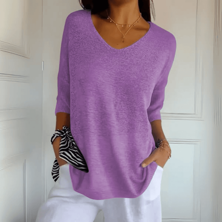 Blusa elegante para mulher, decote V. Conforto e versatilidade para looks de dia a dia na primavera e verão.