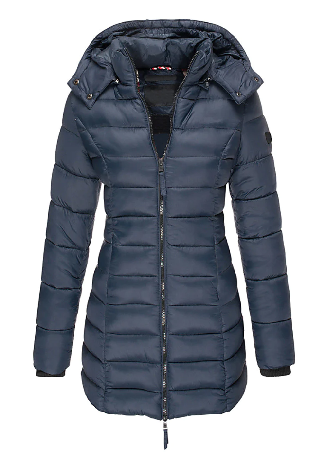 Roupa feminina de inverno elegante. Jaqueta acolchoada moderna que combina estilo e conforto para enfrentar o frio.