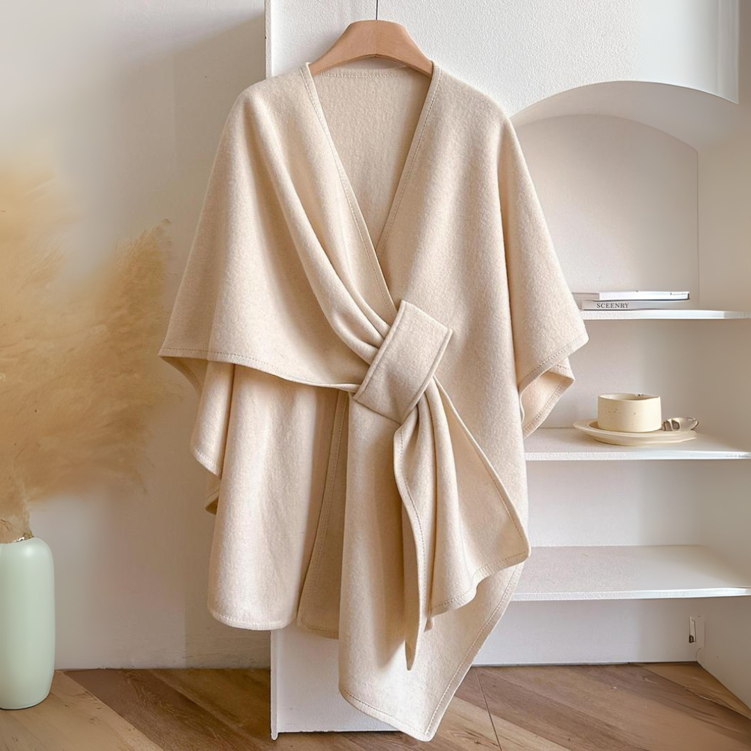 Poncho Drapeado Feminino Aurora com cinto ajustável, elegante e versátil para outono/primavera. Moda sofisticada.