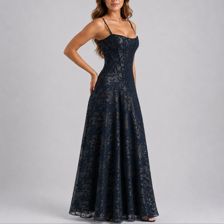 Vestido comprido floral de chiffon para mulher, com corpete de alças. Ideal para outono, festas e ocasiões especiais.