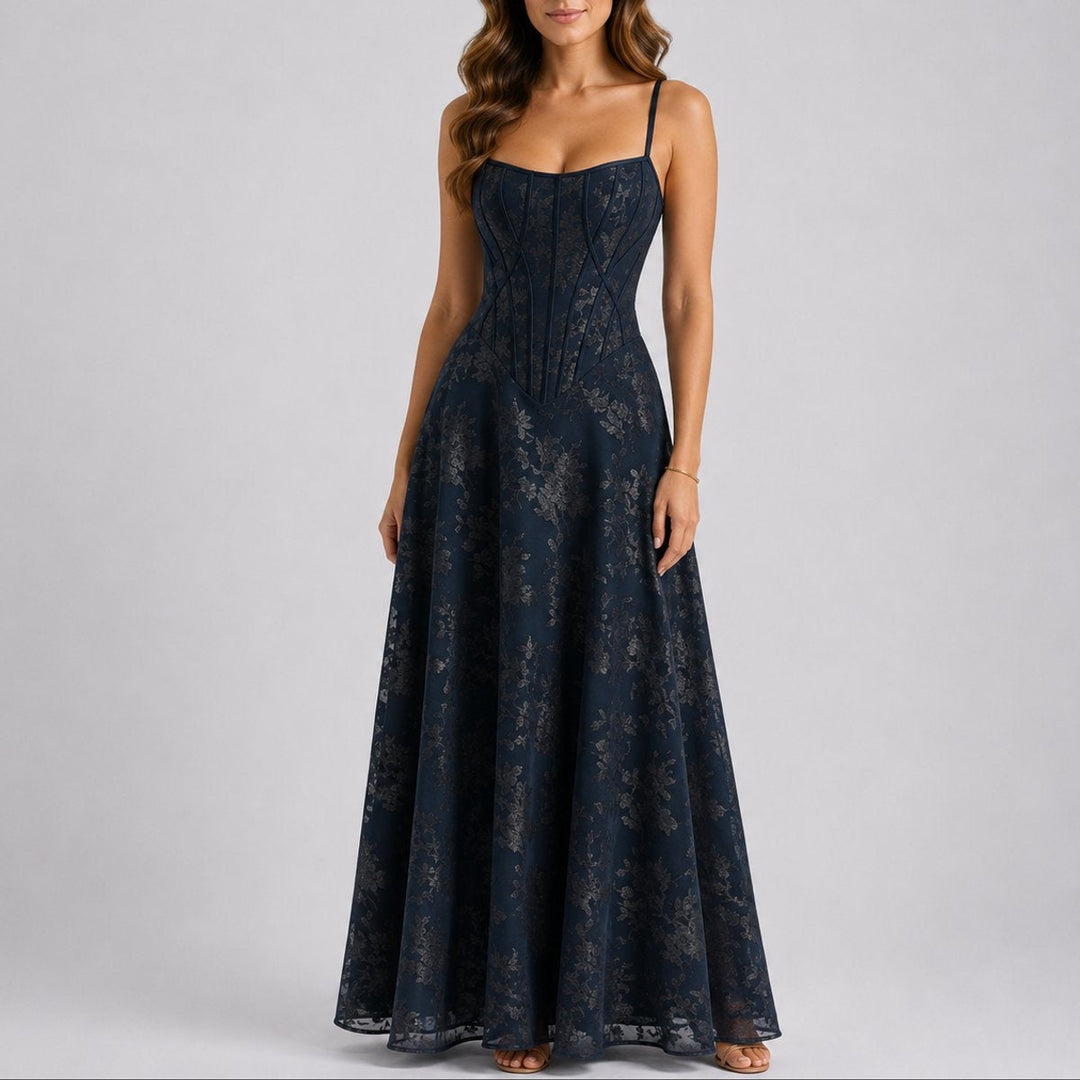 Vestido comprido de mulher em chiffon floral, com design de corpete e alças. Estilo elegante para qualquer festa.