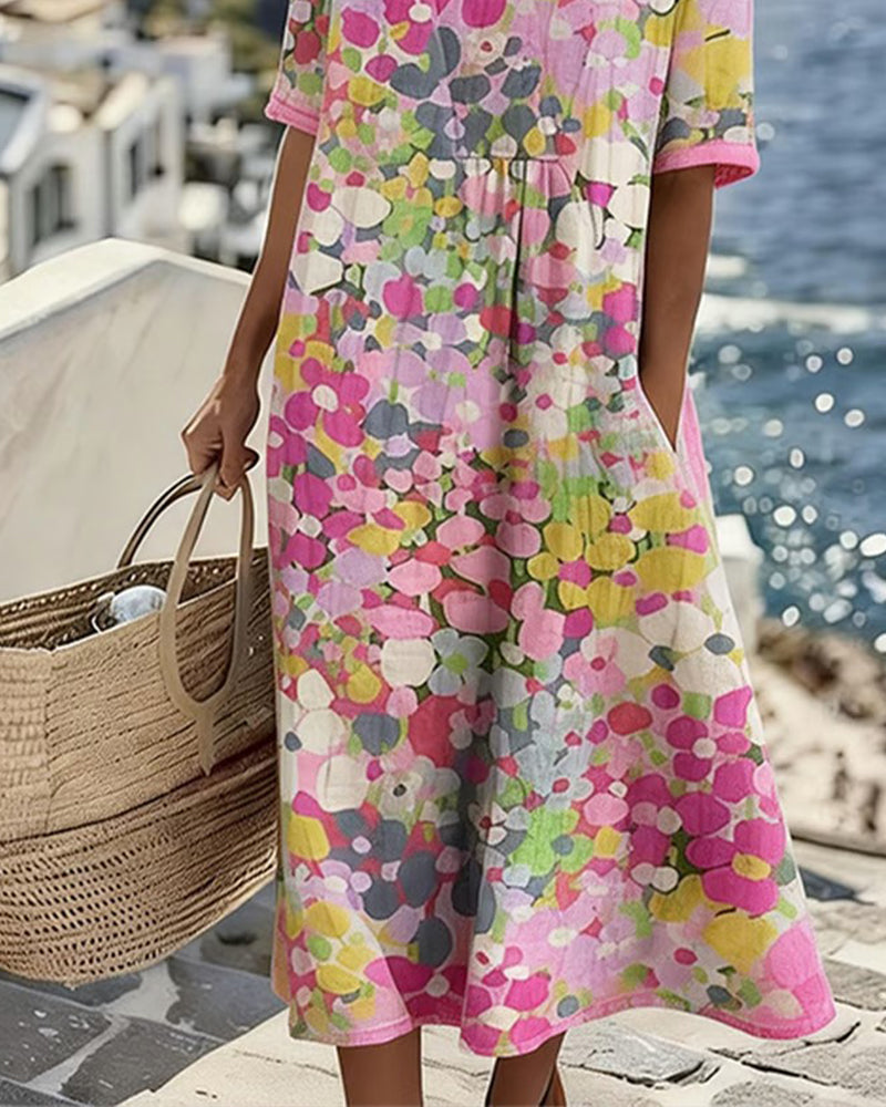 Vestido feminino casual elegante, midi floral, solto e confortável para roupa diária de verão.
