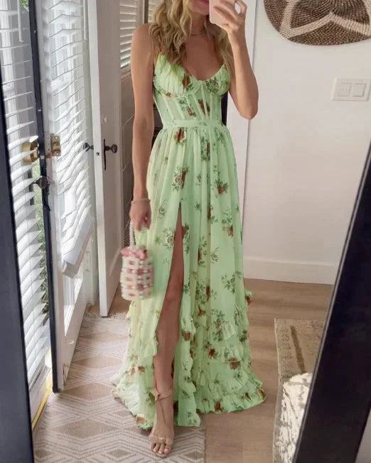 Elegante vestido longo floral de verão, feminino, com decote V e design sem mangas.