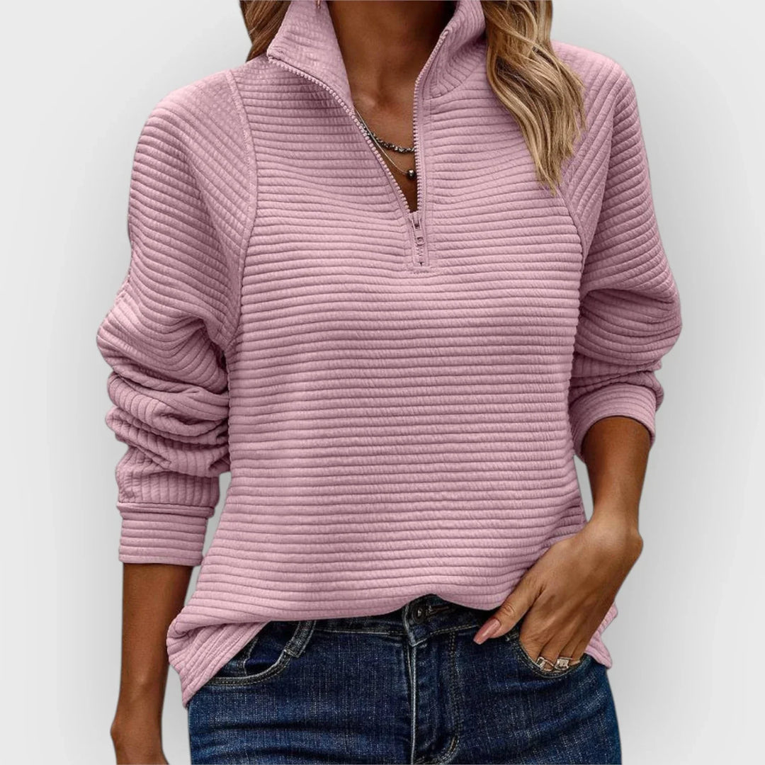 Camisola feminina Olivia meio zip cinza, decote V, para conforto chic e estilo versátil de outono/inverno.
