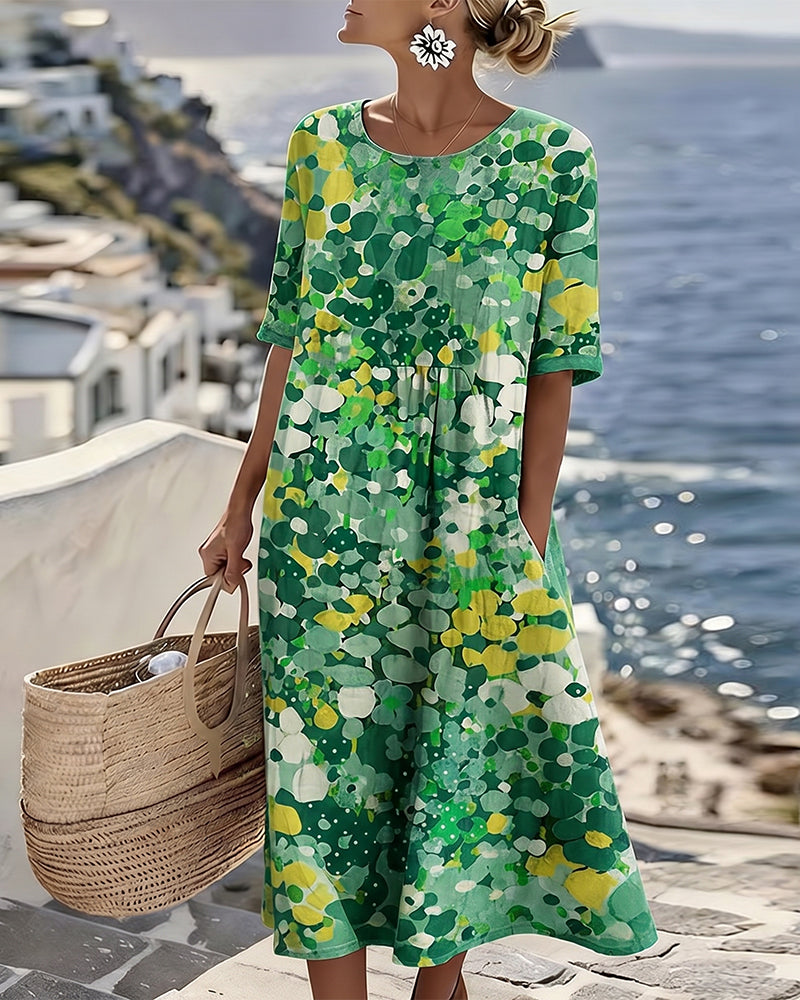 Vestido floral midi solto, leve e confortável, perfeito para a mulher no verão e primavera.