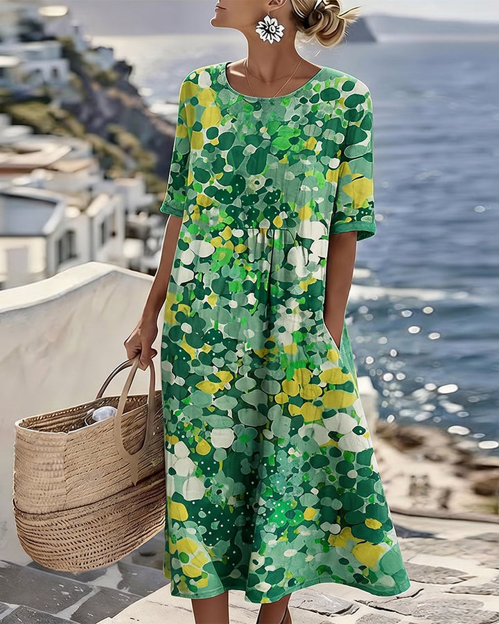 Vestido floral midi solto, leve e confortável, perfeito para a mulher no verão e primavera.