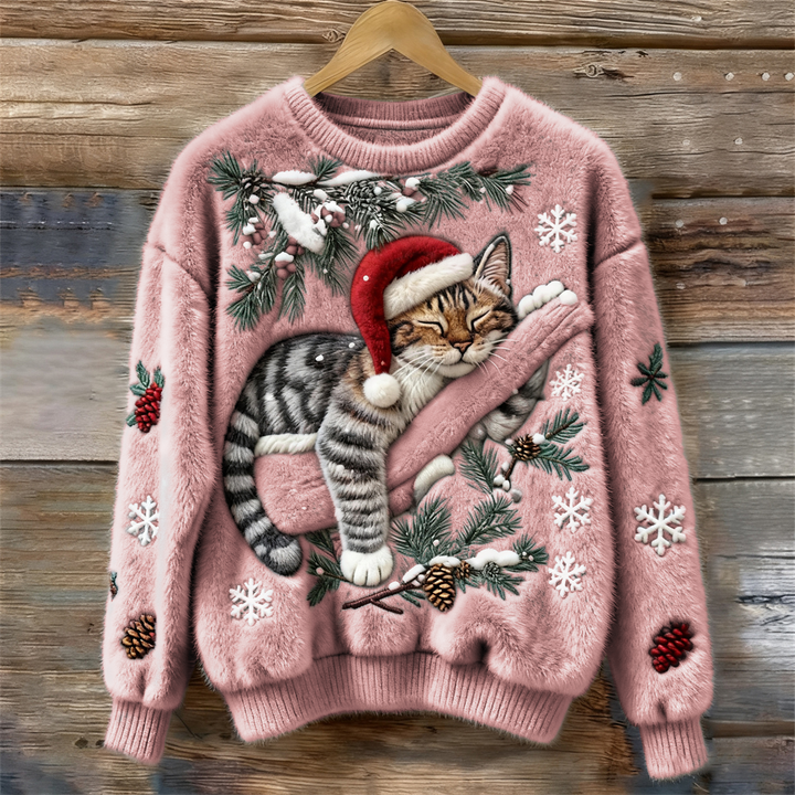 Design 3D festivo: camisola de Natal unissex com gato dormindo. Perfeita para o inverno e celebrações.