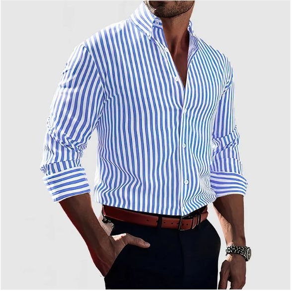 Camisa masculina elegante de verão às riscas, disponível em cores diversas para moda casual.