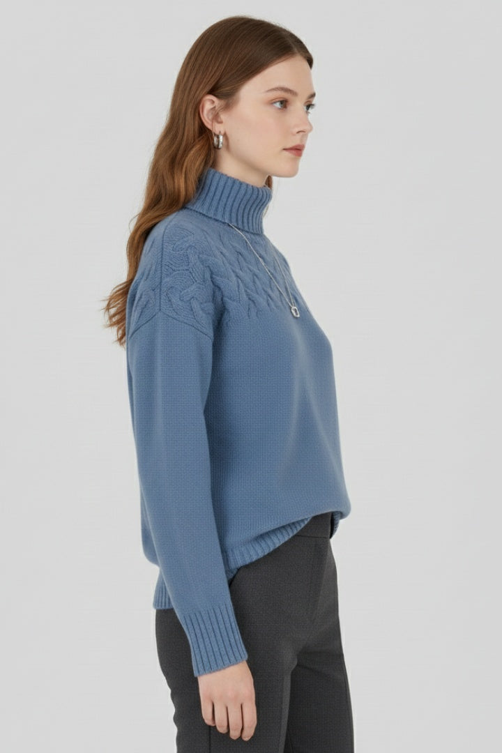 Camisola de malha feminina gola alta com padrão cable knit, estilo aconchegante para outono e inverno.