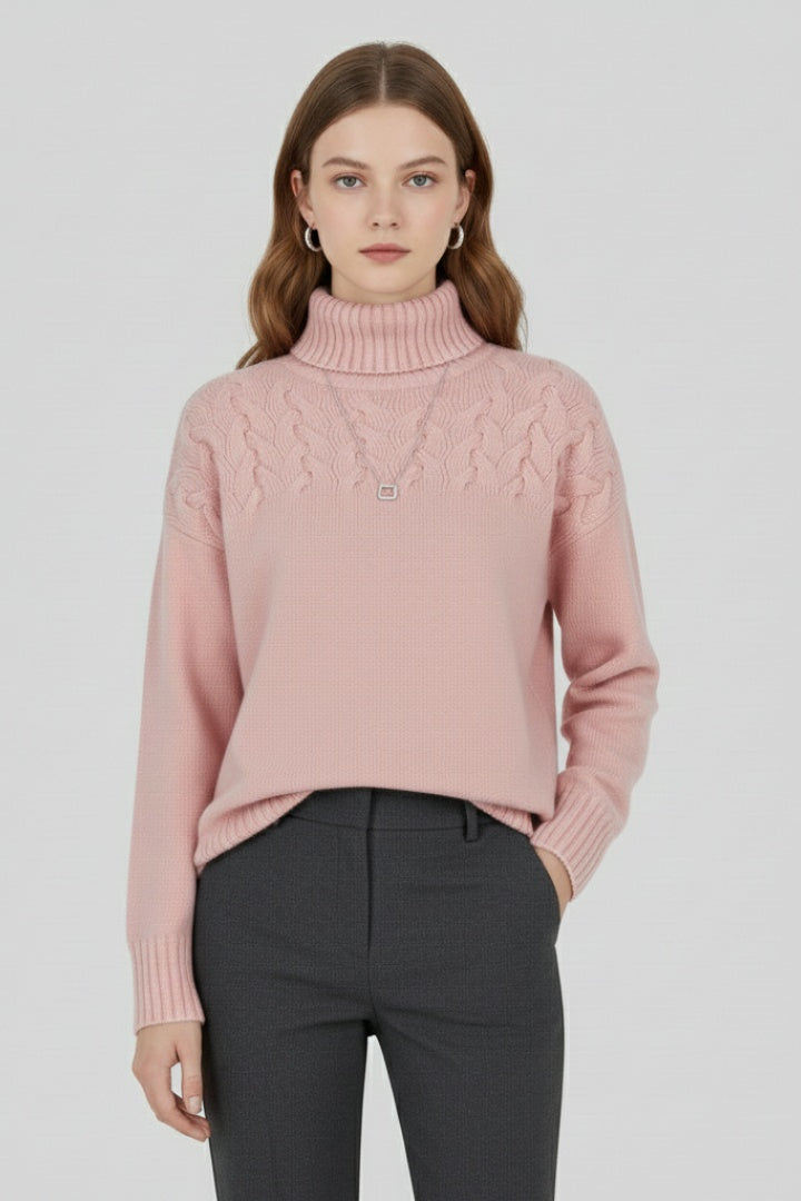 Camisola de malha feminina com gola alta e design cable knit, perfeita para o outono/inverno.