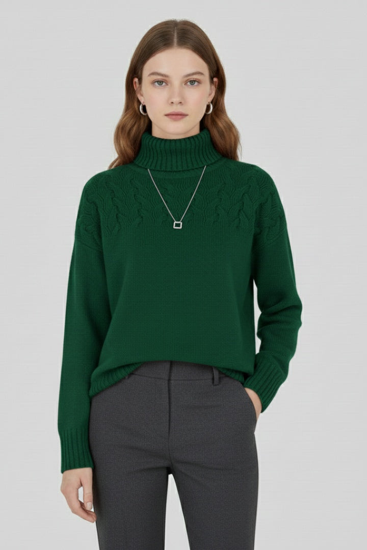 Camisola de malha aconchegante para mulher, gola alta e padrão cable knit, garante aquecimento no inverno.