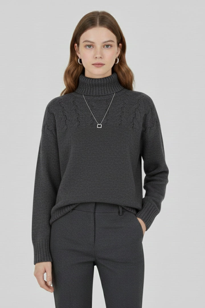 Camisola de malha gola alta feminina, padrão cable knit, ideal para outono e inverno, combina estilo e conforto.