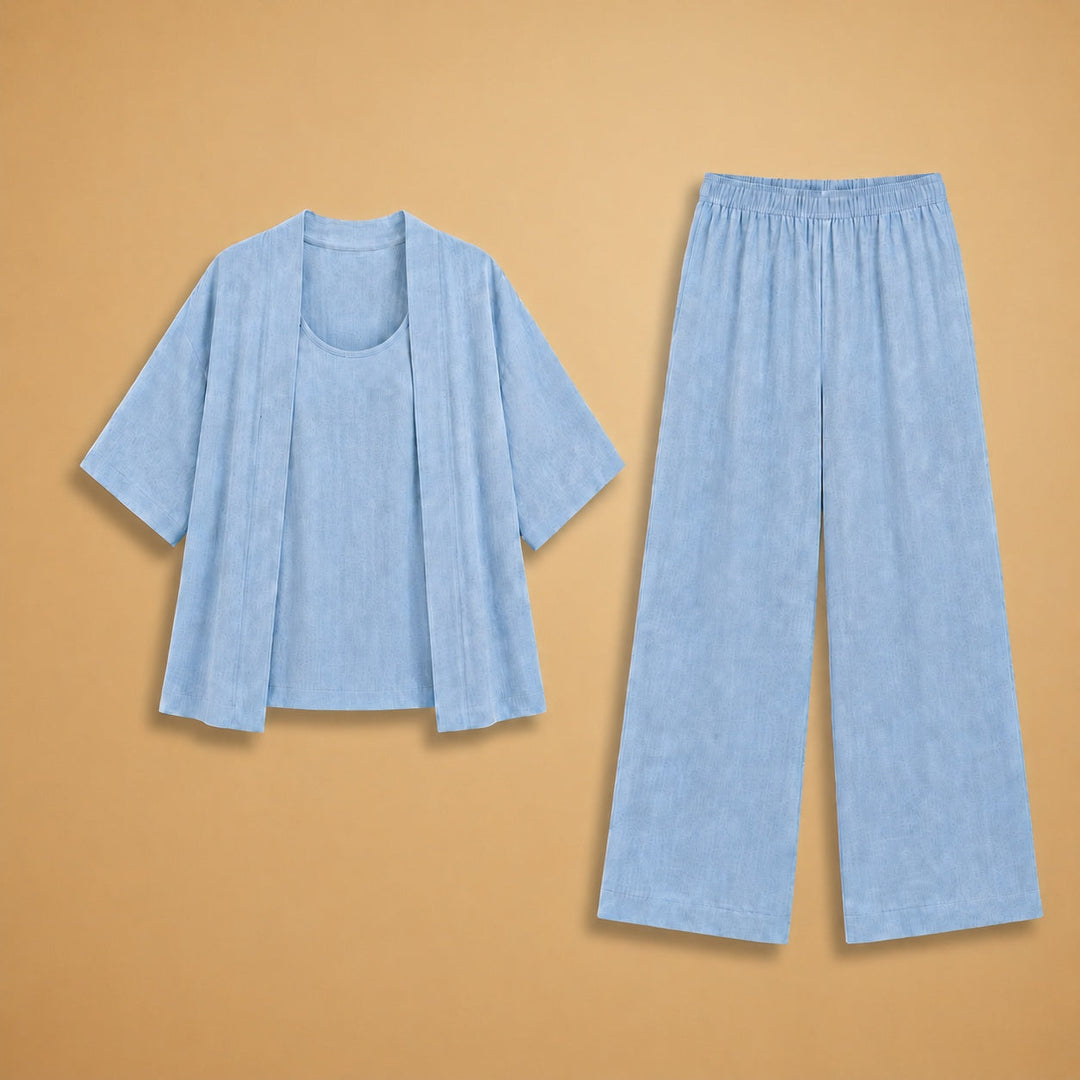Conjunto feminino de linho para verão, top e calças culotte. Roupa confortável e elegante.