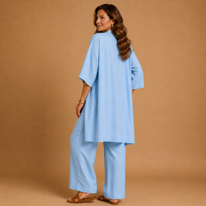 Roupa feminina versátil de verão: conjunto de linho com top e calças culotte confortáveis.
