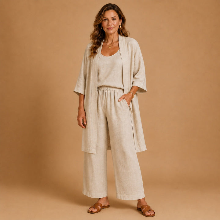 Roupa de verão feminina: conjunto de linho elegante, top e calças culotte, ideal para look praia.