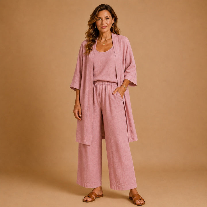 Conjunto de linho feminino casual, top e calças culotte. Perfeito para moda verão e frescura.