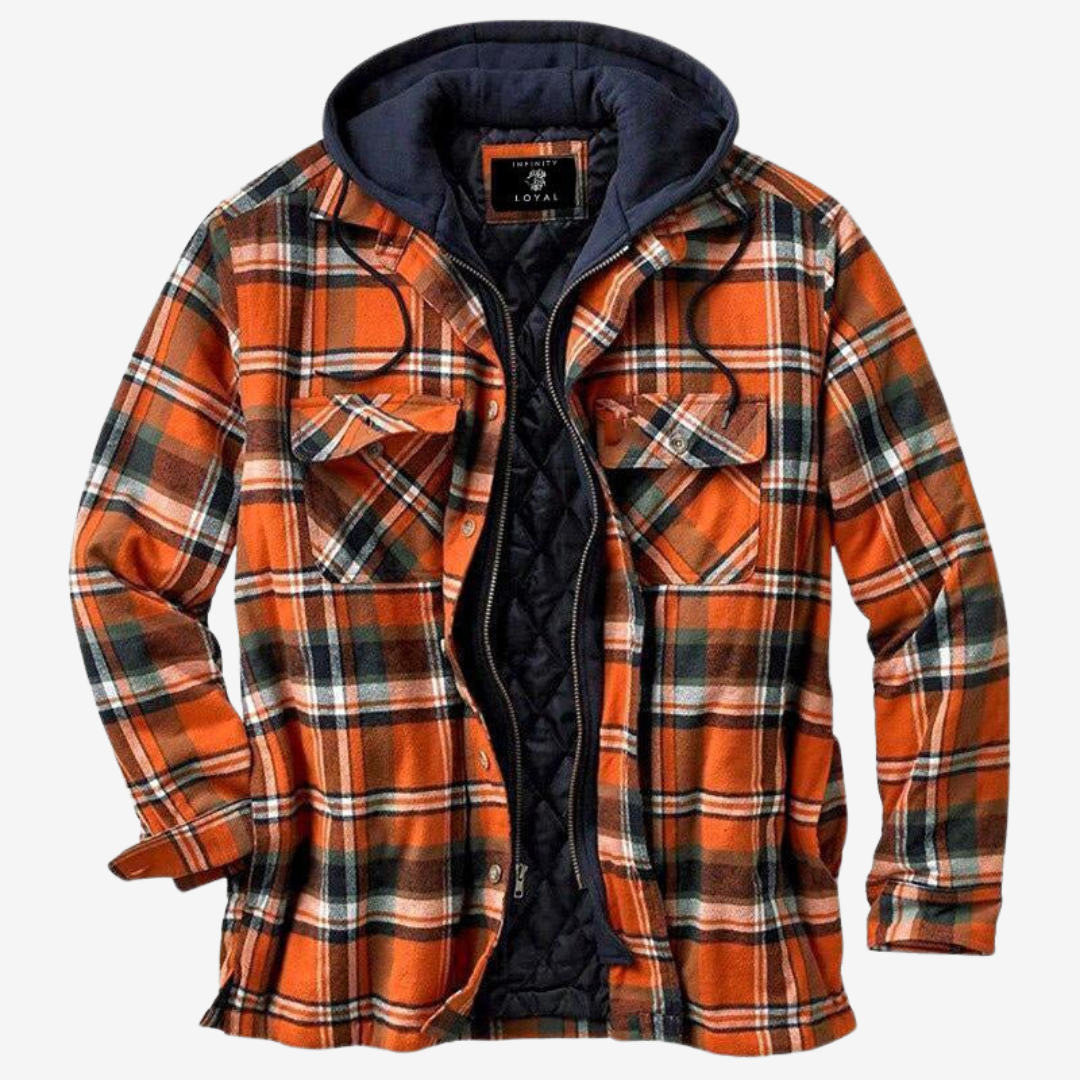 Estiloso casaco bomber xadrez masculino com capuz e forro. Ideal para looks casuais e modernos no inverno.