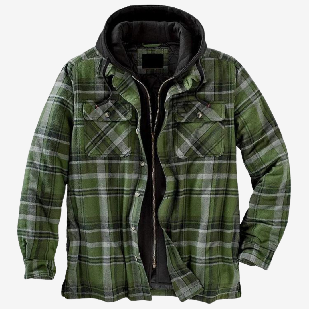Bomber masculino xadrez forrado, com capuz ajustável, oferece conforto e proteção no outono e inverno.