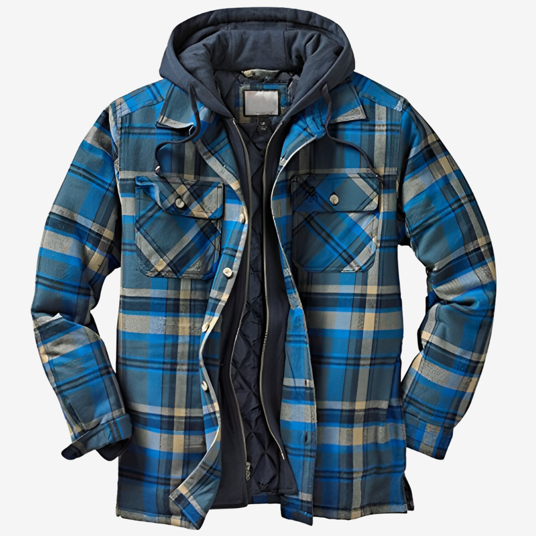 Homem veste casaco bomber xadrez forrado com capuz, exibindo estilo casual e conforto para o inverno.