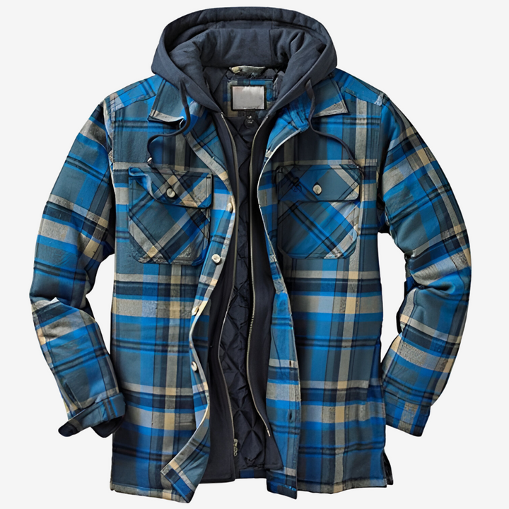 Homem veste casaco bomber xadrez forrado com capuz, exibindo estilo casual e conforto para o inverno.