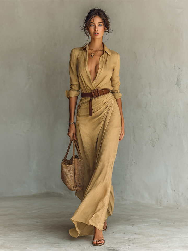 Roupa de outono/primavera: vestido longo feminino com lapela e cinto ajustável. Estilo casual elegante.