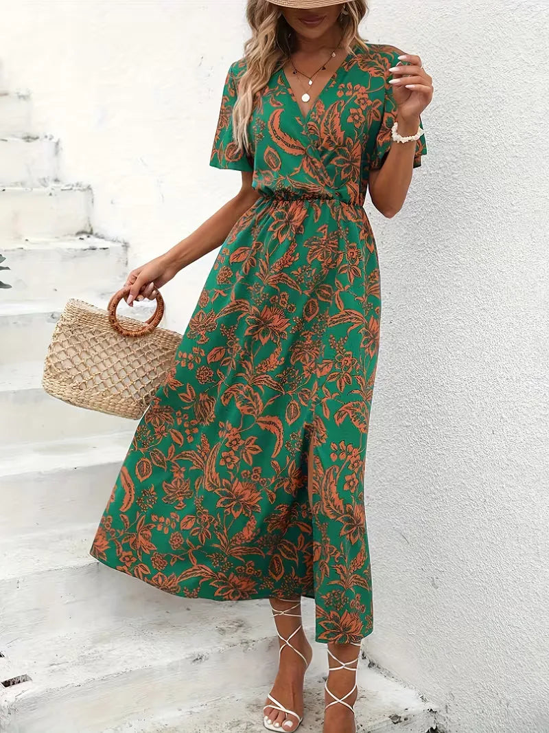 Vestido floral boêmio feminino, comprimento midi. Decote V, manga curta, perfeito para dias de verão.