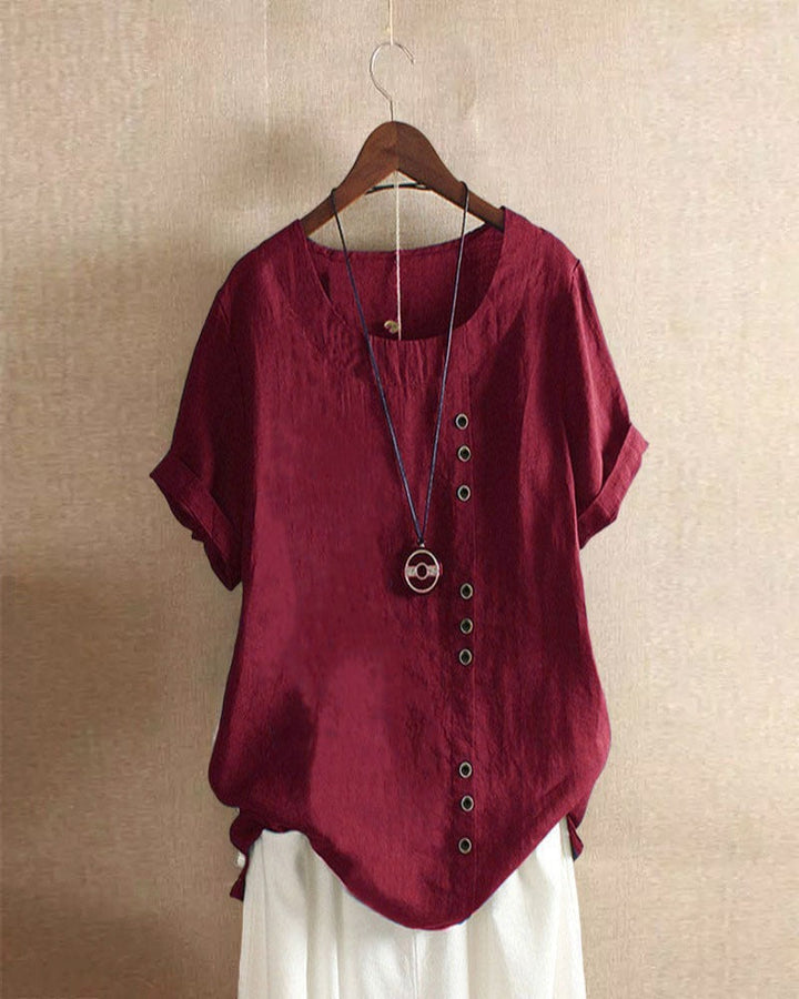 Blusa feminina casual, manga curta, gola redonda. Peça chave para um verão com estilo e conforto.