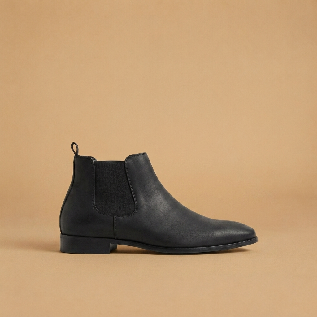 Botins Chelsea masculinos de couro preto com elástico lateral, calçado elegante e confortável para homem.