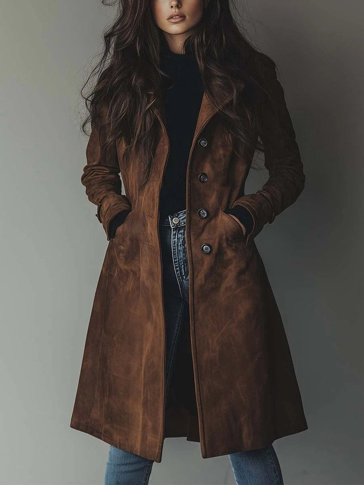 Gabardina de camurça midi elegante para mulher, com dupla fileira de botões, perfeita para o outono.
