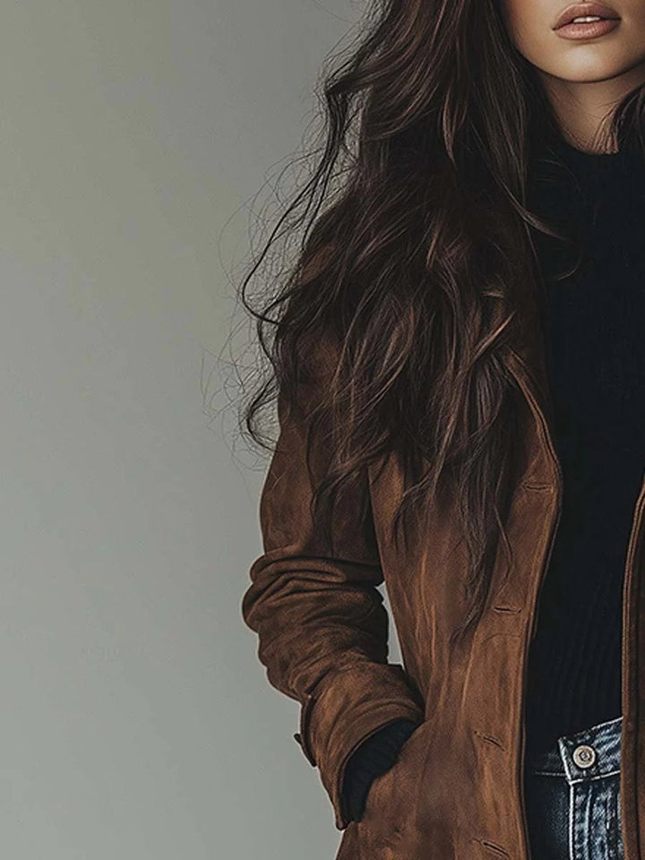 Casaco sobretudo de camurça feminino, estilo midi elegante e com design de botões duplos para o outono.