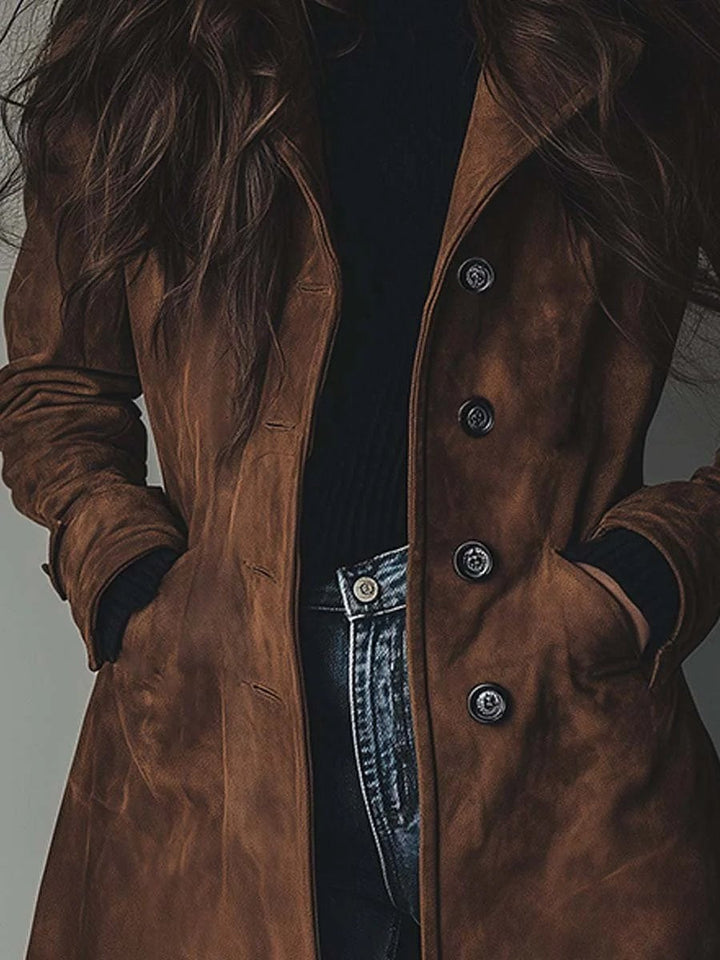 Gabardina de camurça para mulher, corte midi, elegante, com dupla abotoadura, casaco exterior de outono.