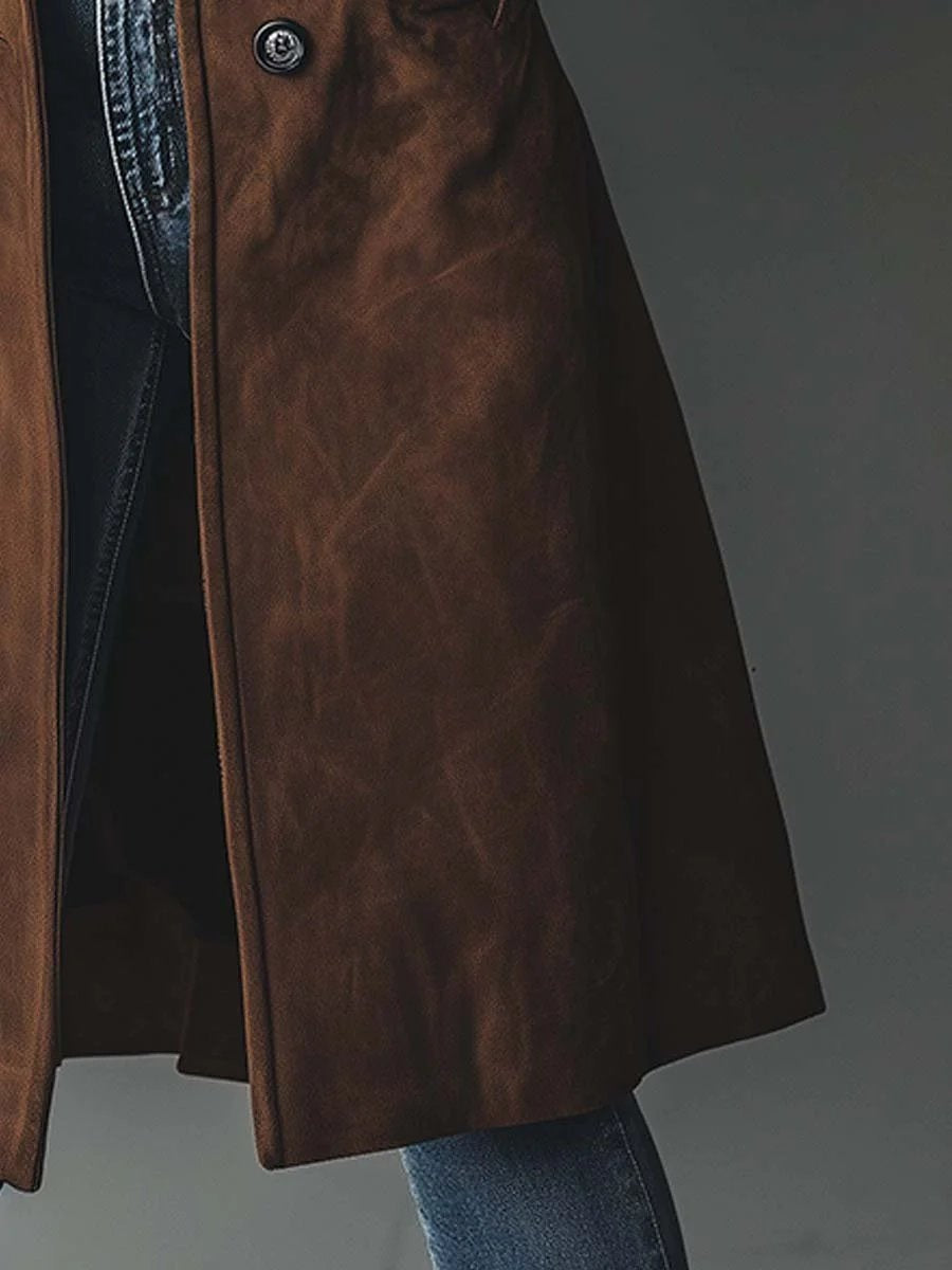 Elegante gabardina midi de camurça para mulher, com dupla abotoadura, ideal para um look sofisticado de outono.
