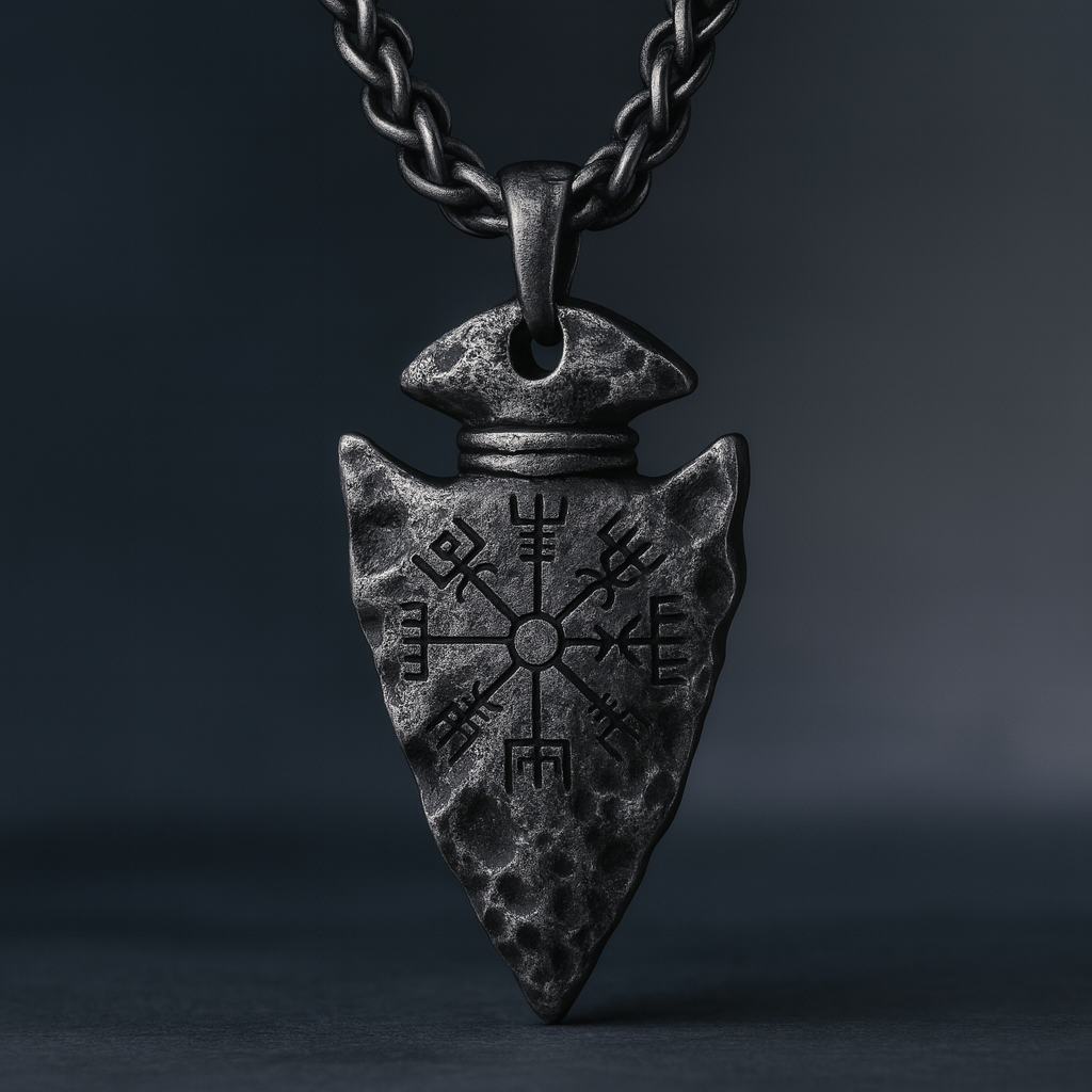 Colar masculino robusto viking com pingente Vegvisir, símbolo nórdico de proteção e guia.