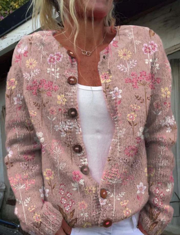Cardigan feminino floral elegante, ideal para primavera/outono. Versátil e confortável para diversas ocasiões.