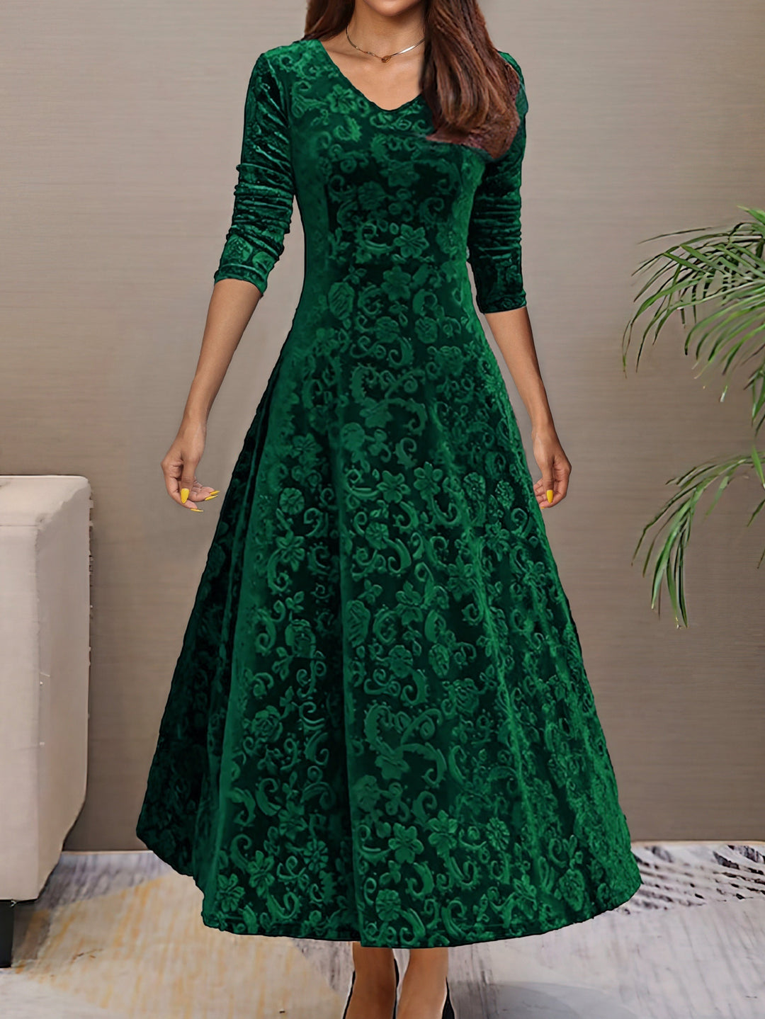 Vestido elegante feminino para festa, decote V, mangas longas, ideal para noite e outono inverno.