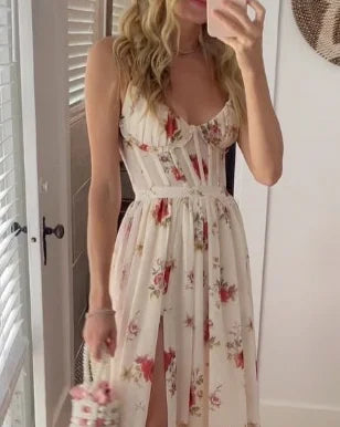Vestido longo floral feminino, casual e elegante, decote V, sem mangas, moda verão.