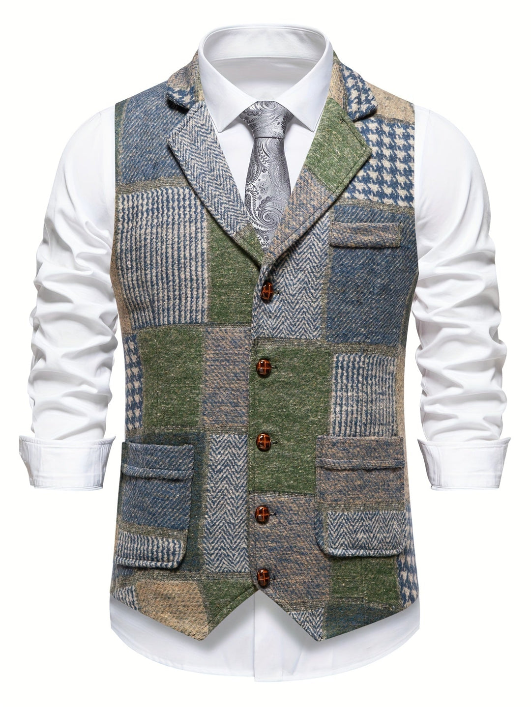 Elegante colete masculino padrão de espiga cinza, perfeito para festas e reuniões.