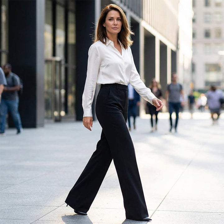 Calça feminina de cintura alta, elegante e confortável para todas as ocasiões.