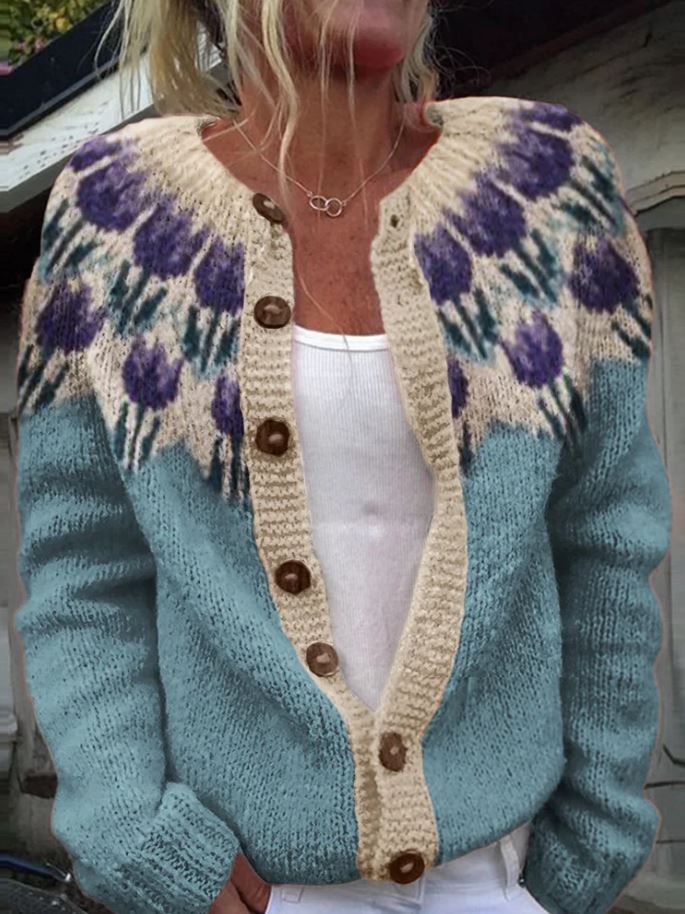 Cardigan feminino floral elegante azul e lilás. Perfeito para outono/inverno, confortável e estiloso.