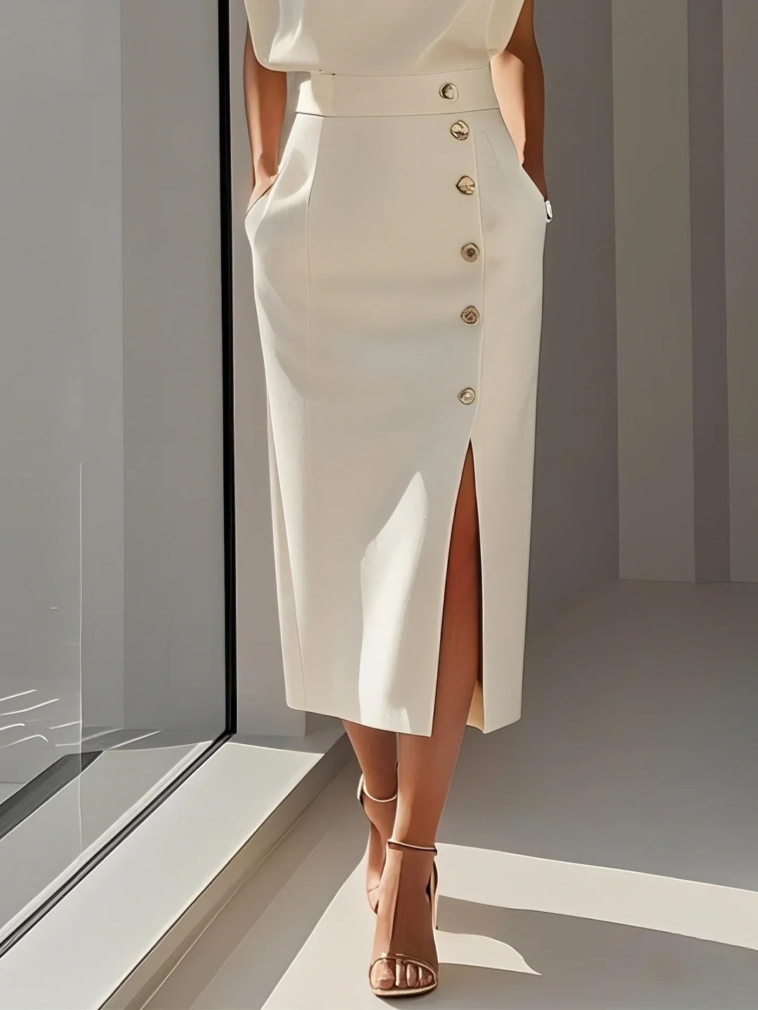Vista o verão com este vestido midi elegante, decote redondo, fenda sutil. Feminino e confortável.