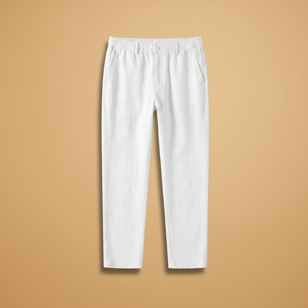 Calças casuais masculinas de cintura elástica e corte relaxado, ideais para conforto diário e estilo casual.