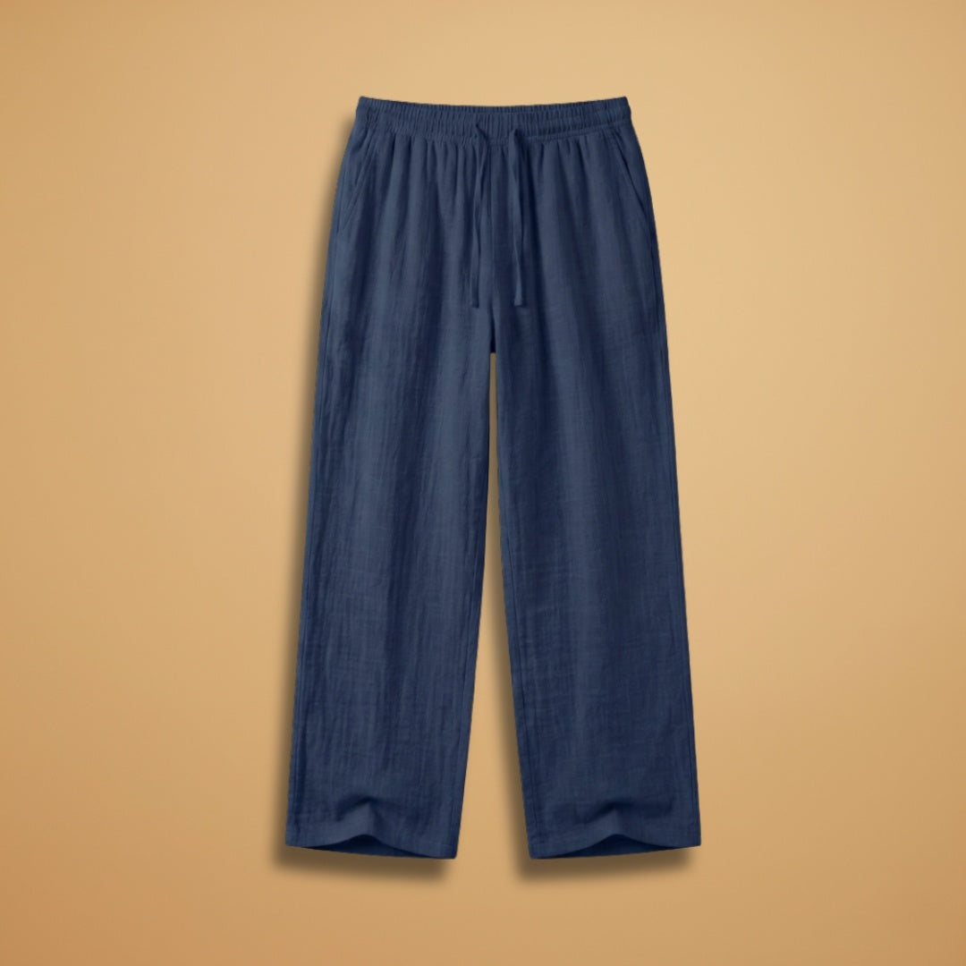 Calças de linho masculinas, perna larga, cintura elástica. Conforto e estilo casual para o verão.