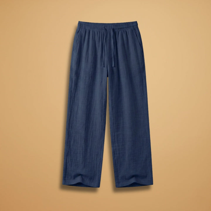 Calças de linho masculinas, perna larga, cintura elástica. Conforto e estilo casual para o verão.