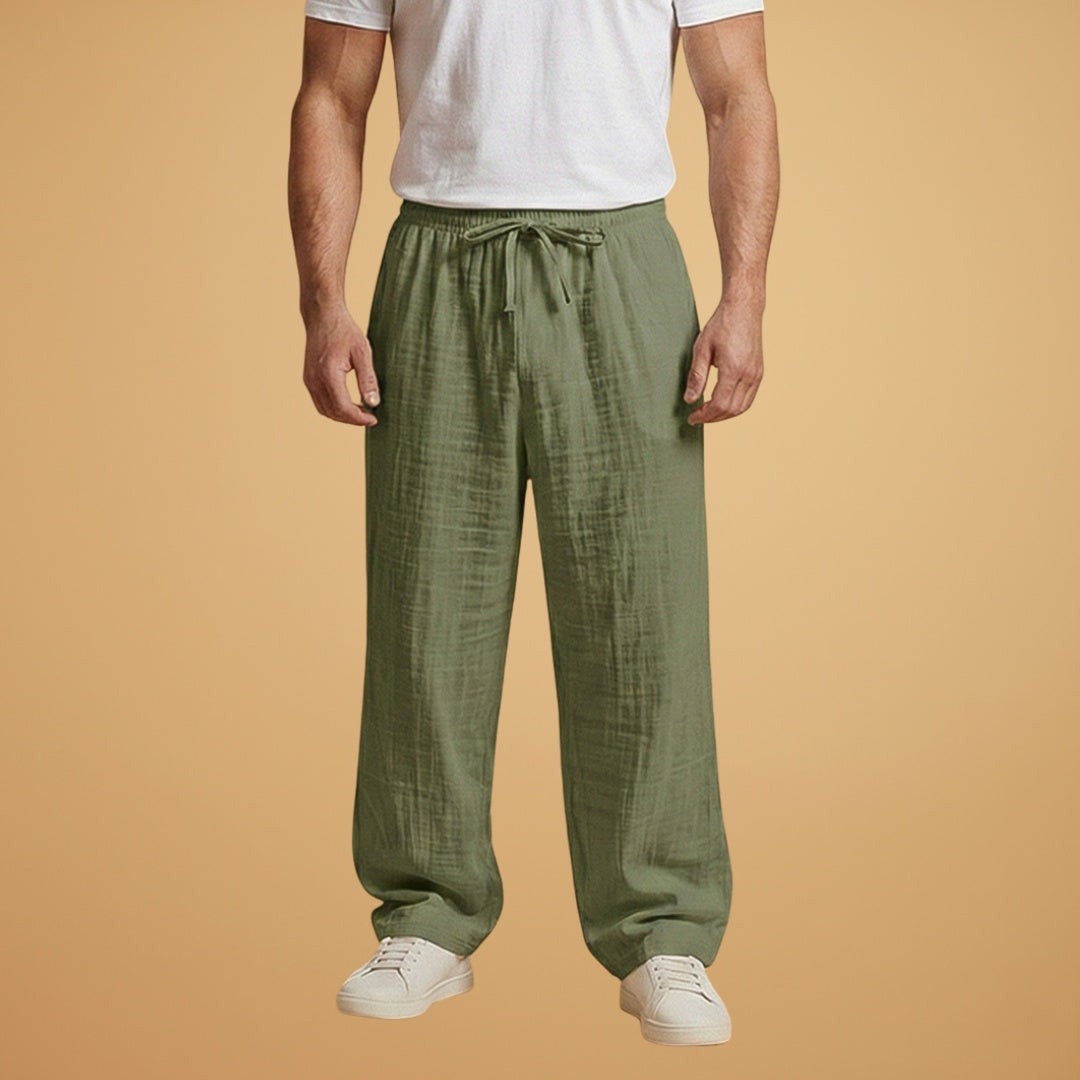 Calças de linho masculinas perna larga, cintura elástica. Verão com estilo e conforto casual.