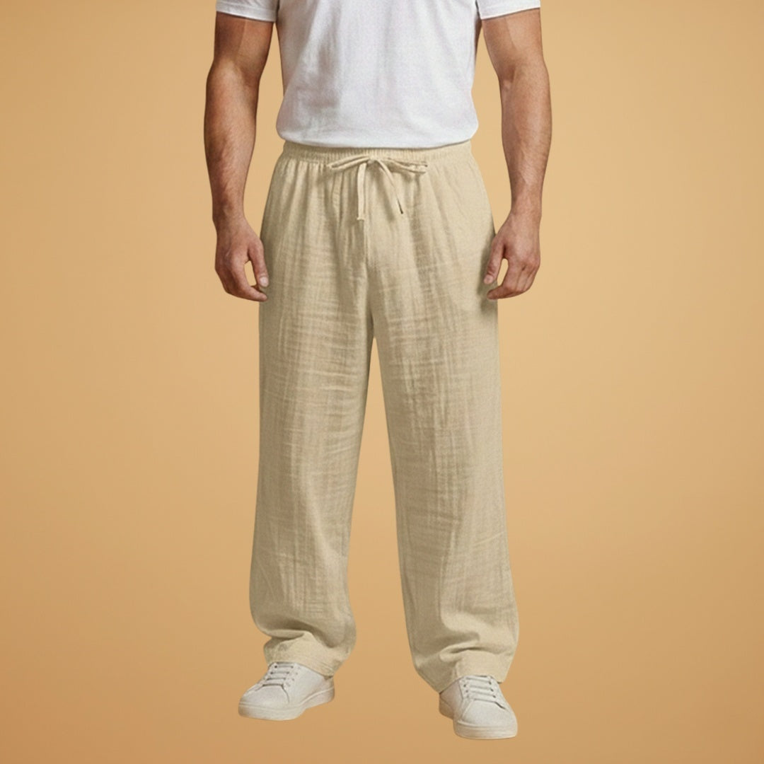 Calças de linho masculinas de perna larga com cintura elástica. Conforto e estilo elegante para o verão.