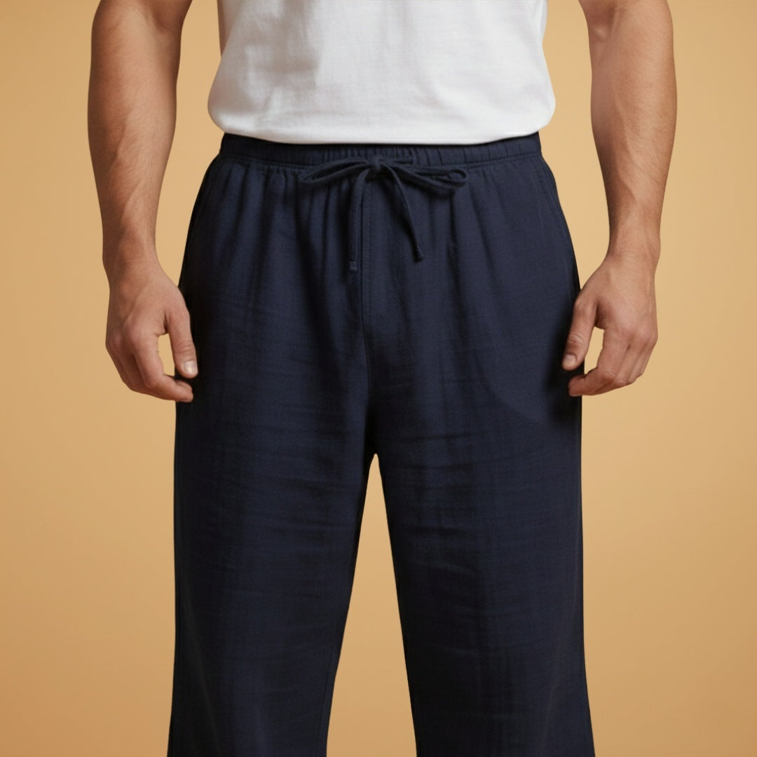 Calças de linho masculinas, corte perna larga, cintura elástica. Máximo conforto e frescura no verão.