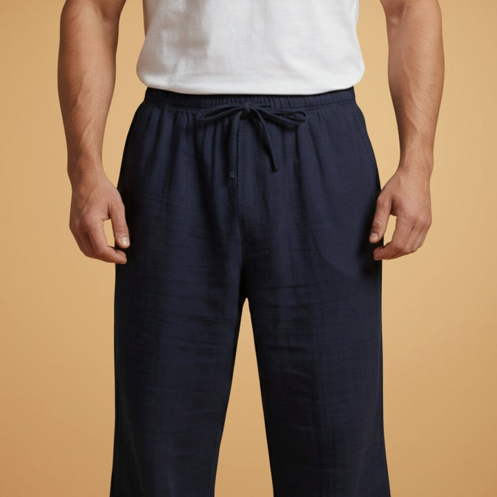 Calças de linho masculinas, corte perna larga, cintura elástica. Máximo conforto e frescura no verão.