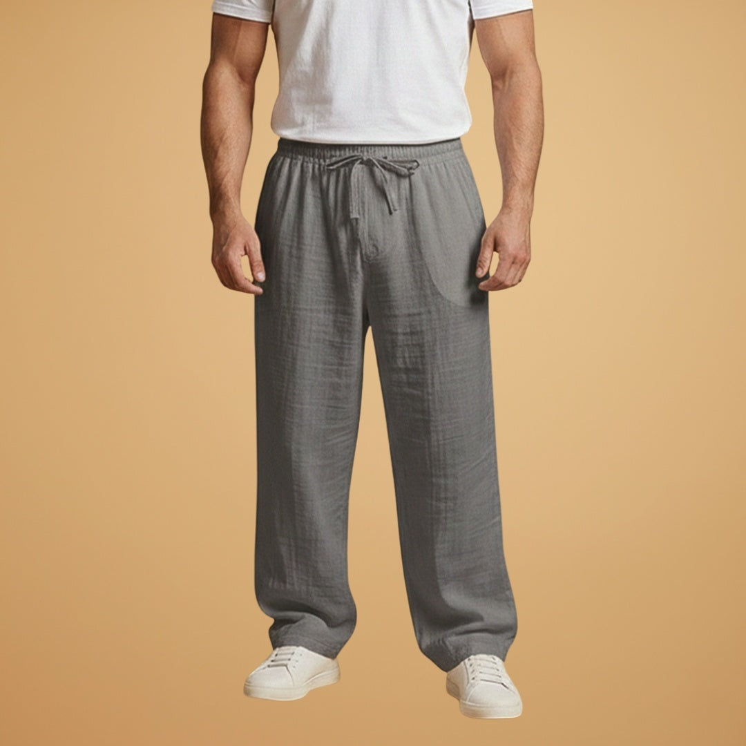 Calças de linho perna larga masculinas, cintura elástica. Escolha respirável e casual para o verão.
