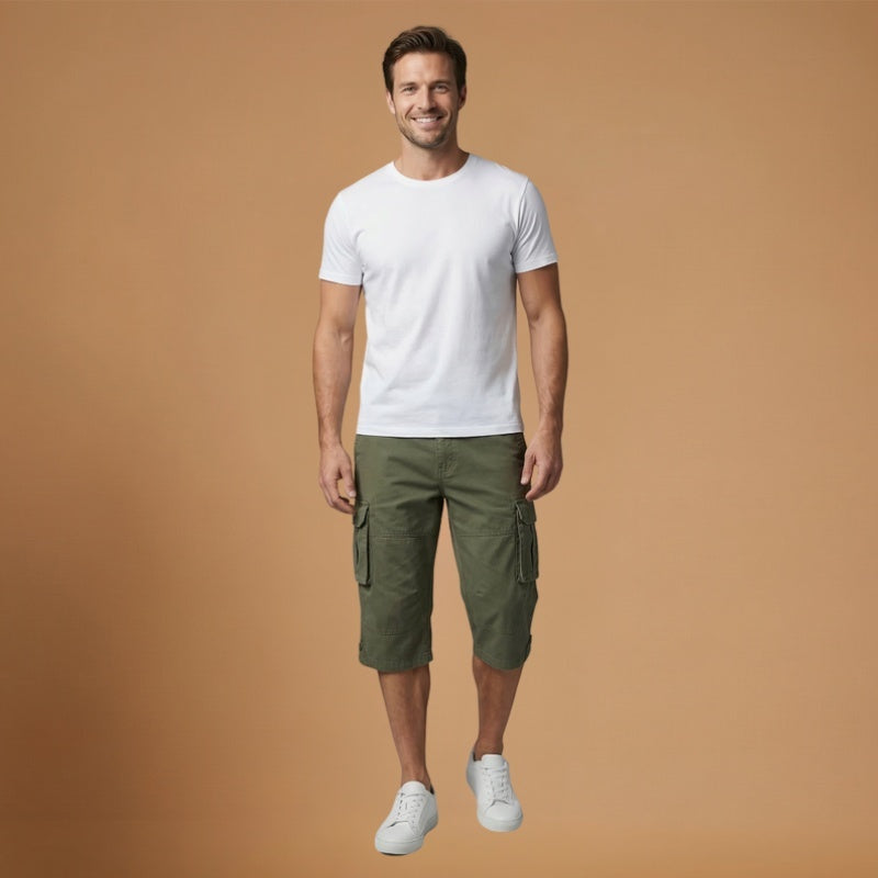 Calções cargo masculinos para o verão, estilo casual, com bolsos práticos. Roupa masculina ajustável.